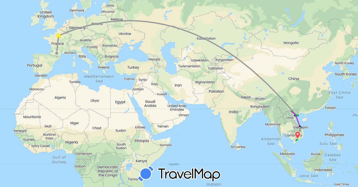 TravelMap itinerary: driving, bus, plane, train, hiking, boat, motorbike in France, Vietnam (Asia, Europe)